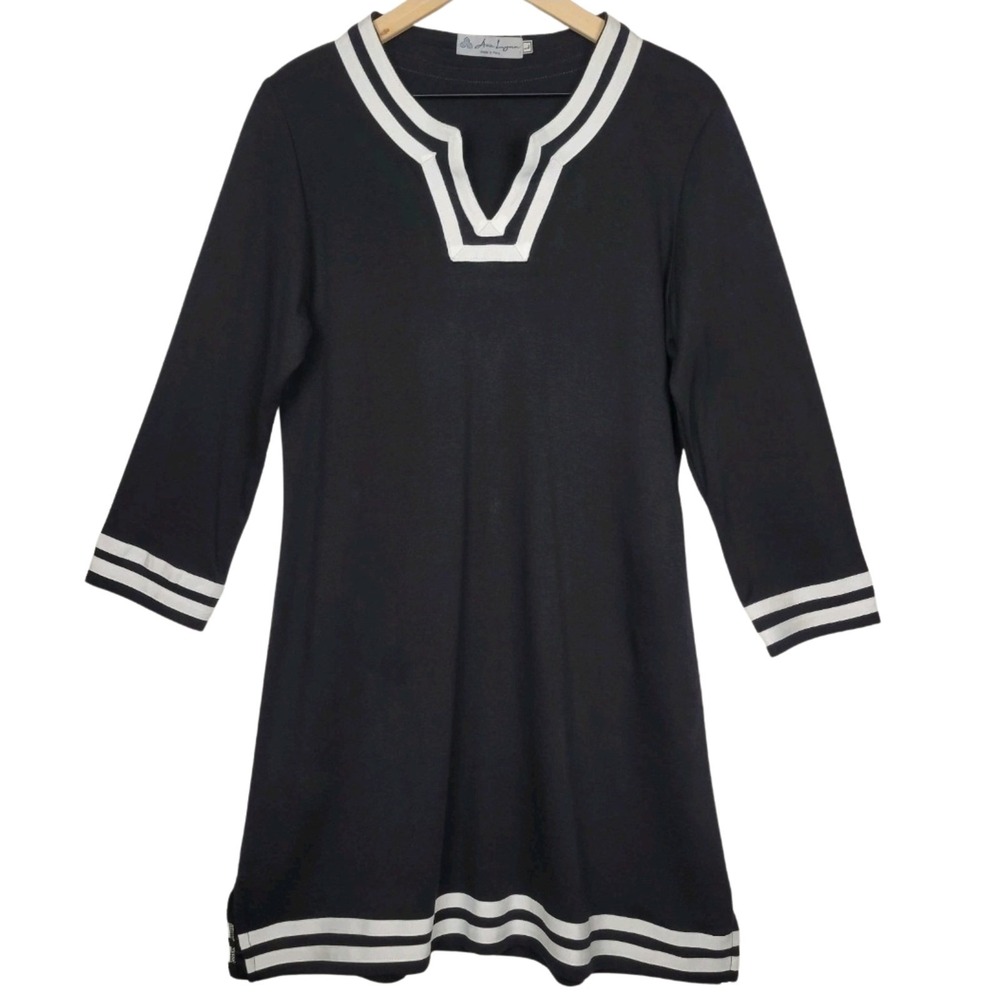 Ava Lynn Black Tunic Dress Large Pima Cotton White Ribbon‎ Trim Nautical V-Neck